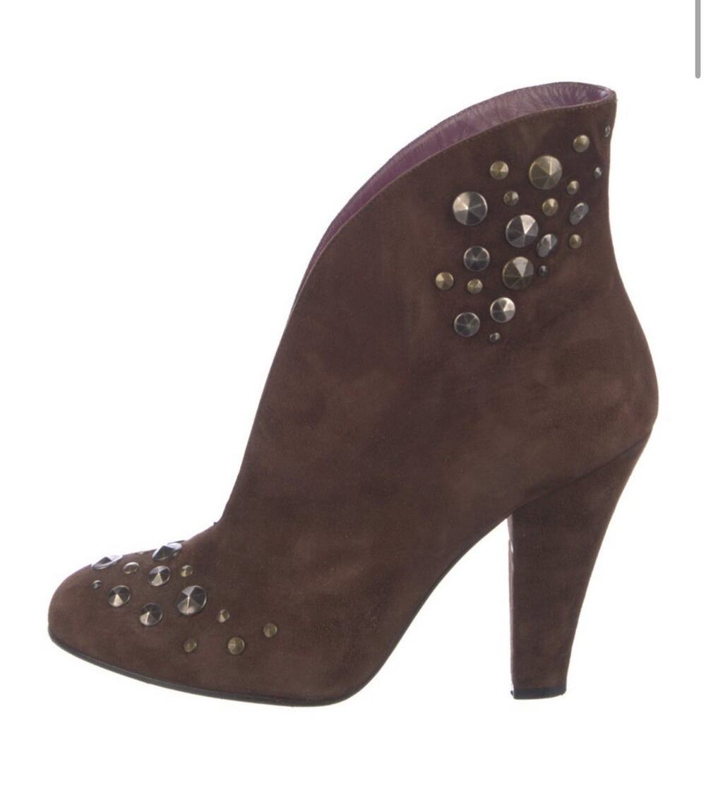 Marc Jacobs Brown Suede Gold Bronze Studded Low Open Front Booties Size 10.5